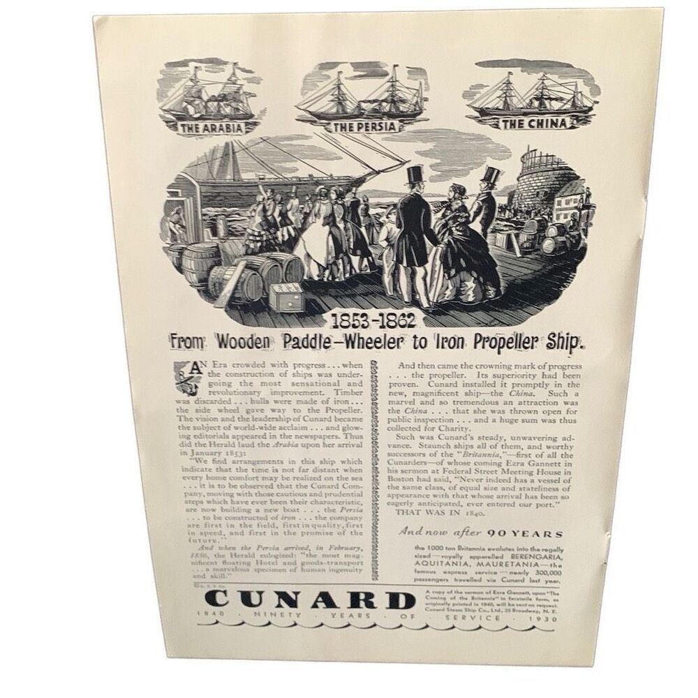 Vintage 1930 Cunard Wooden Paddle to Iron Propeller Ad Advertisement